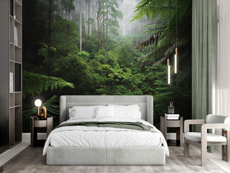 Fototapeta Ciemna dżungla we wnętrzu sypialni
