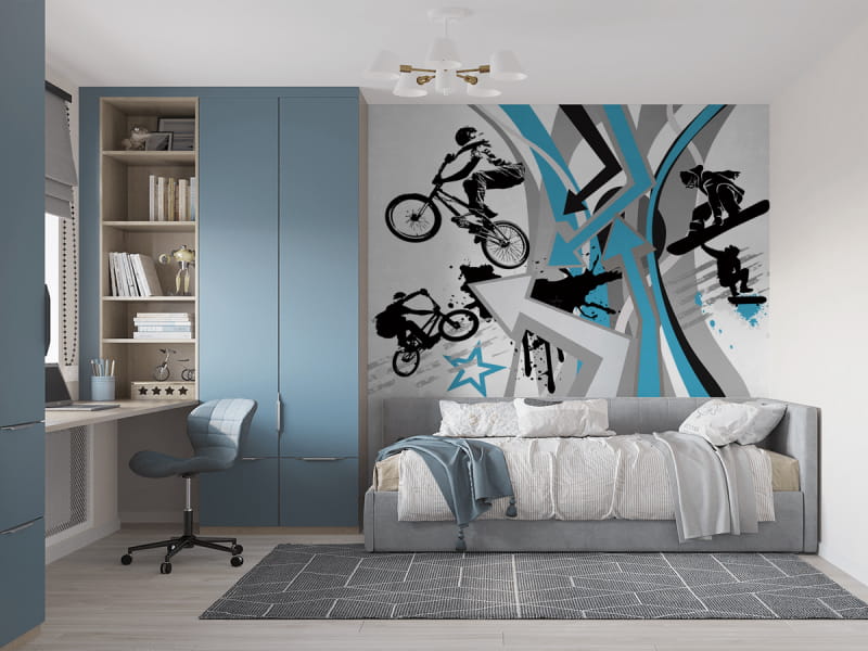 Fototapeta Czarno-niebieskie graffiti we wnętrzu pokoju nastolatka