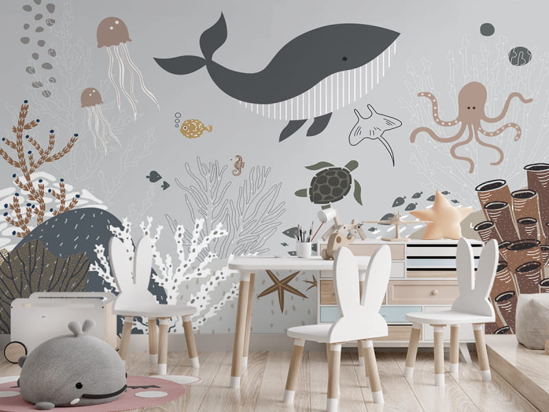 Fototapeta Wieloryb z rybami we wnętrzu pokoju dziecka