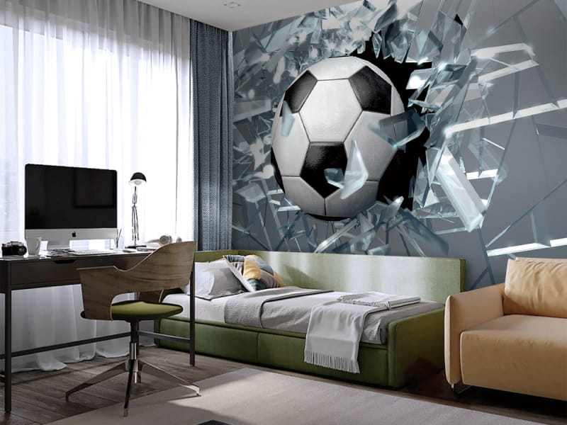 Fototapeta Piłka nożna i szkło 3D we wnętrzu pokoju nastolatka