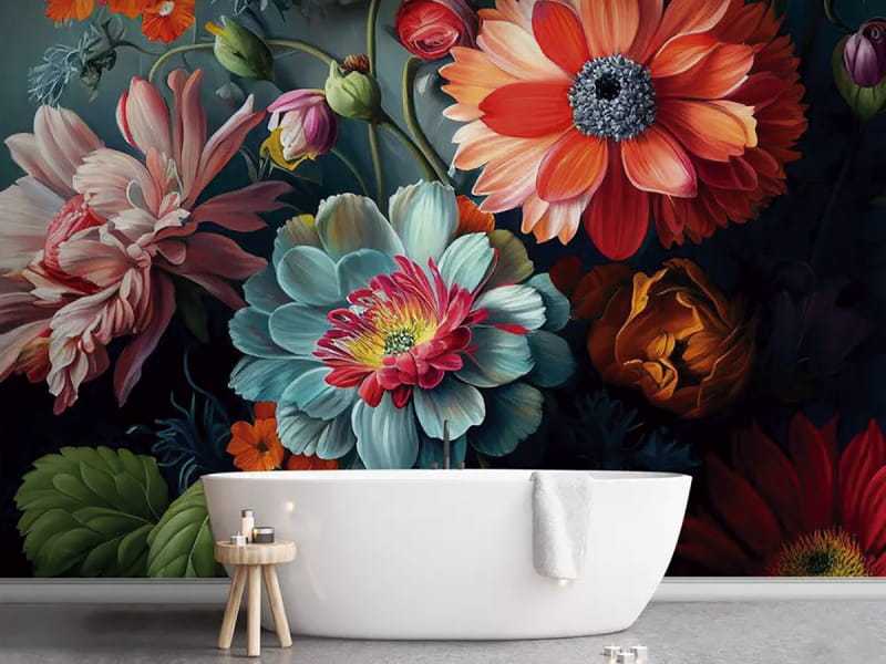 Fototapeta Jaskrawe kwiaty akwarelowe we wnętrzu łazienki