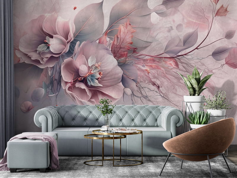 Fototapeta Romantyczne kwiaty na różowym tle we wnętrzu salonu