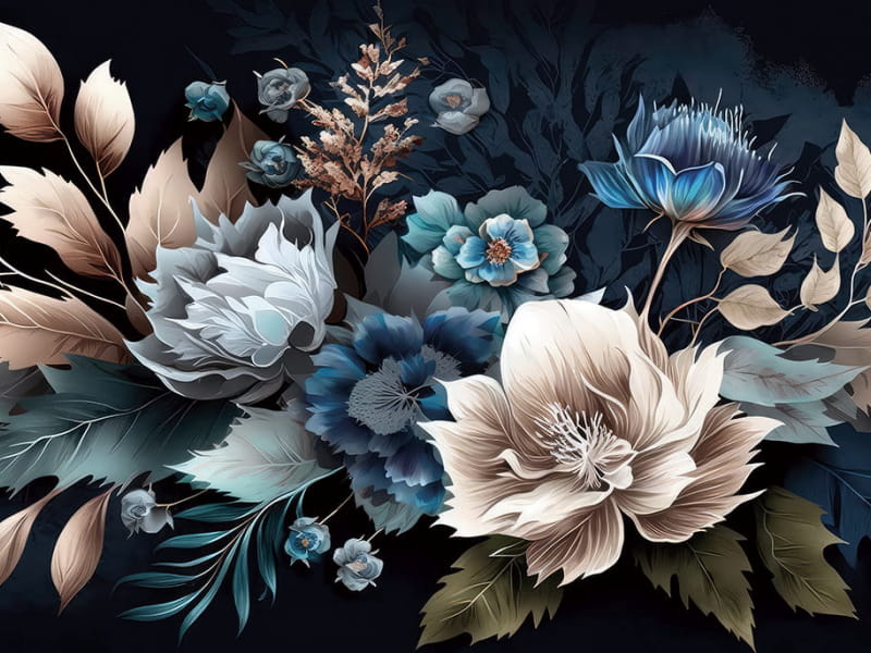 Fototapeta Niebieskie kwiaty na czarnym tle