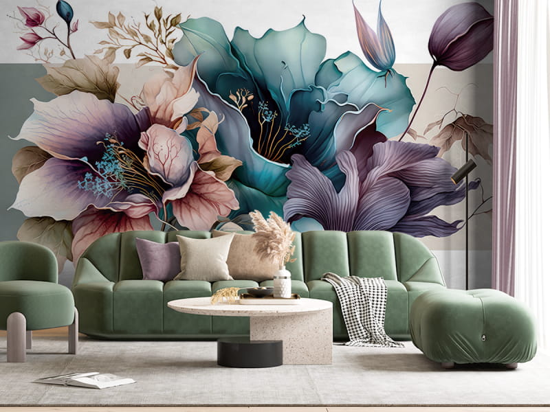 Fototapeta Turkusowe i fioletowe kwiaty na białym tle we wnętrzu salonu
