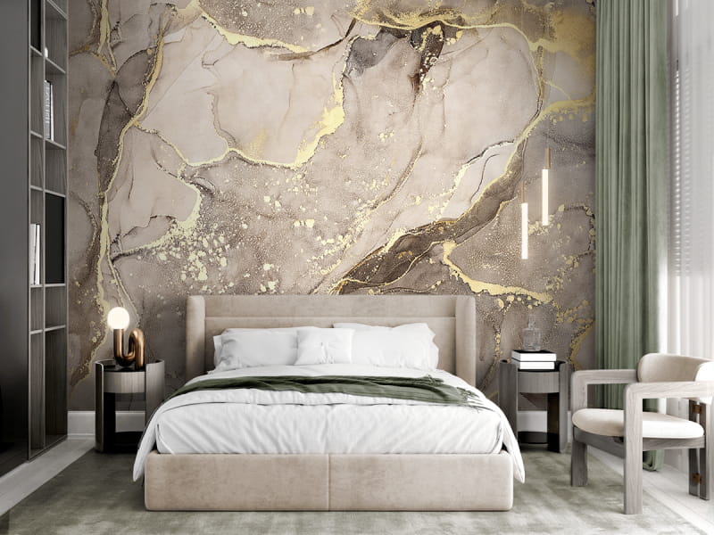 Fototapeta Beżowy marmur ze złotem we wnętrzu sypialni