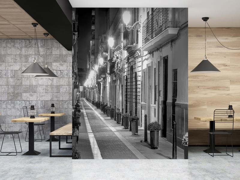 Fototapeta Czarno-biała wąska ulica we wnętrzu kawiarni