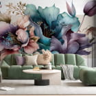 Miniatura fototapety Turkusowe i fioletowe kwiaty na białym tle we wnętrzu salonu