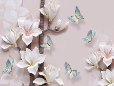 Fototapeta Magnolie i motyle 3D