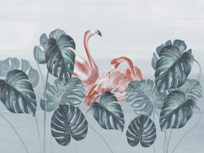 Fototapeta Flamingi i liście monstery