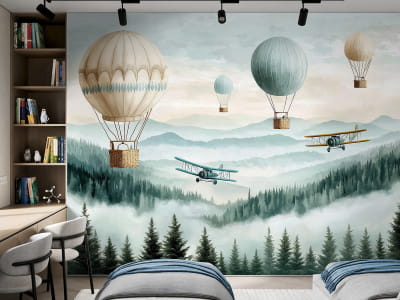 Fototapeta Balony nad mglistym lasem