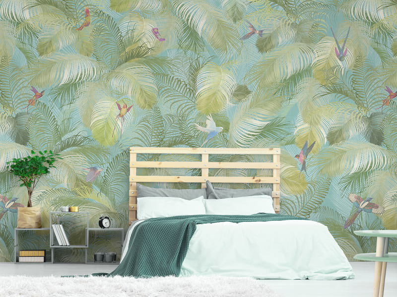 Fototapeta Ptaki w zielonym ogrodzie we wnętrzu sypialni