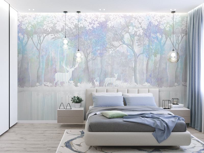 Fototapeta Malowniczy poranny las we wnętrzu sypialni