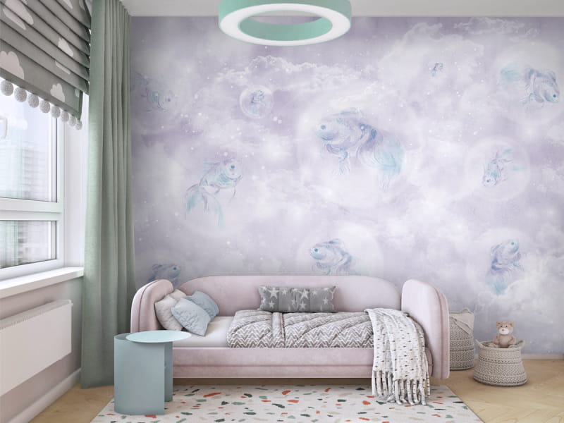 Fototapeta Ryby na liliowym tle we wnętrzu pokoju dziecka