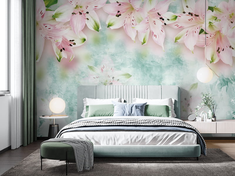 Fototapeta Lilie z góry we wnętrzu sypialni