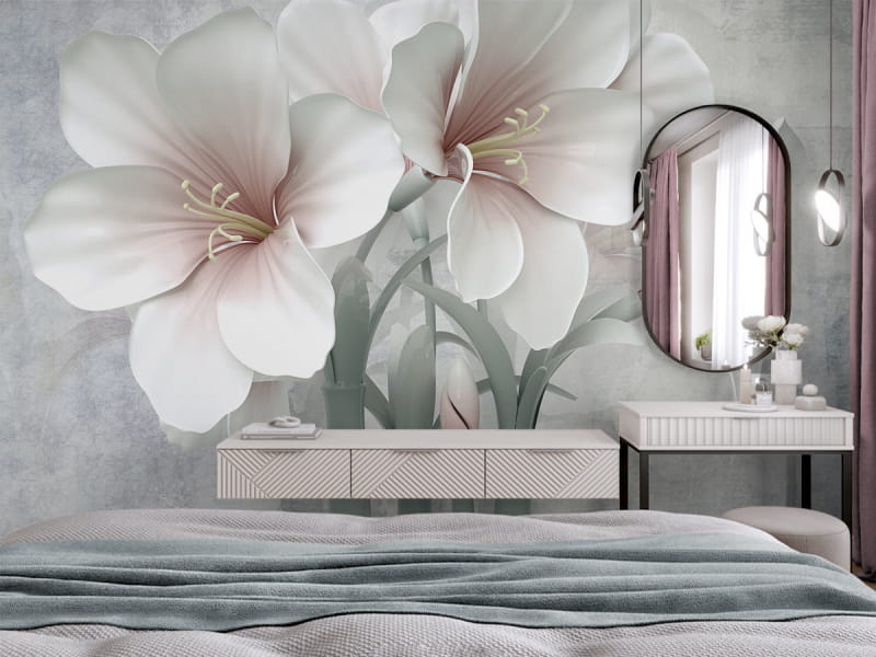 Fototapeta Duże lilie we wnętrzu sypialni