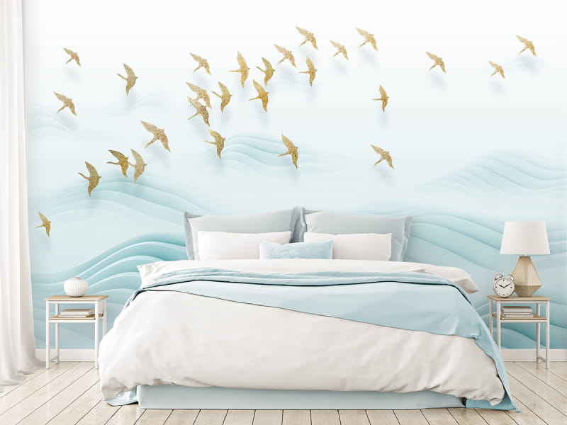 Fototapeta Złote stado ptaków we wnętrzu sypialni