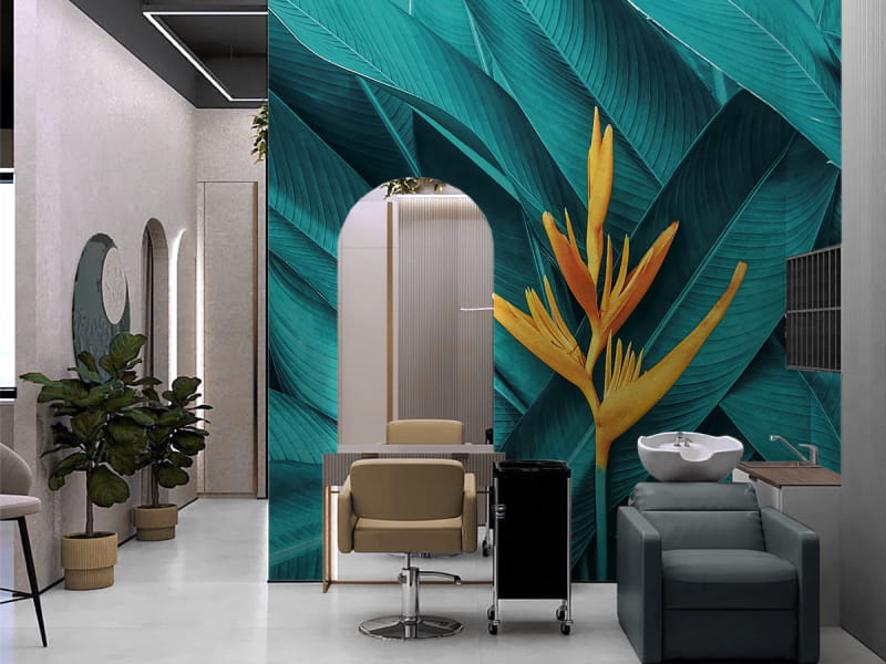 Fototapeta Kolorowy kwiat i liście we wnętrzu przedpokoju