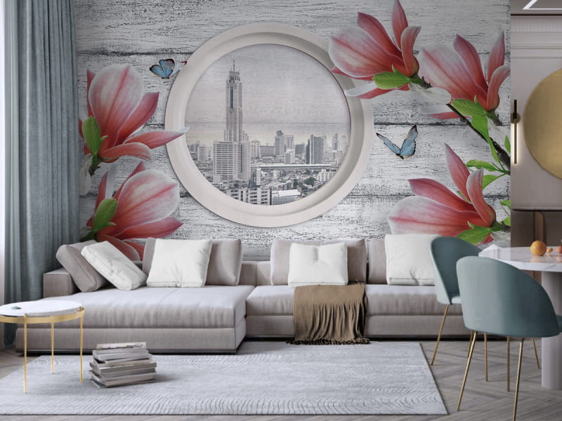 Fototapeta Czerwone magnolie we wnętrzu salonu