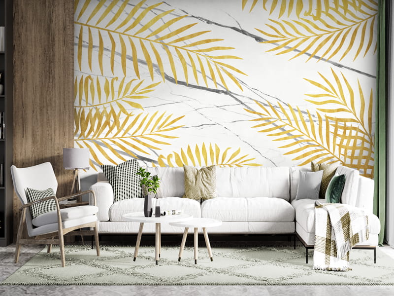 Fototapeta Złote liście na marmurze we wnętrzu salonu