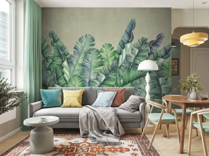 Fototapeta Długie liście bananowca we wnętrzu salonu