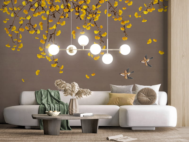 Fototapeta Złote liście i ptaki we wnętrzu salonu