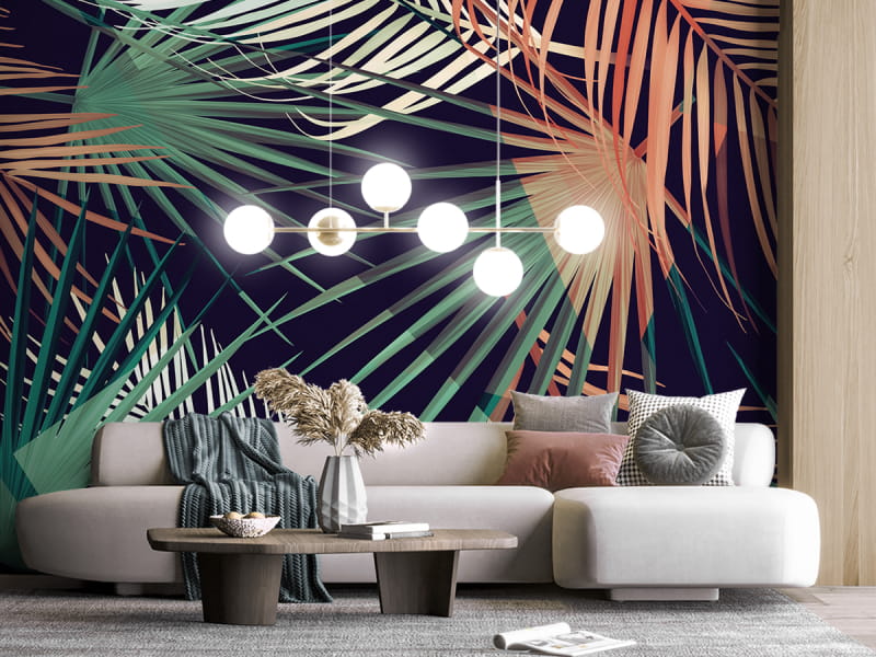 Fototapeta Jasne tropikalne liście we wnętrzu salonu