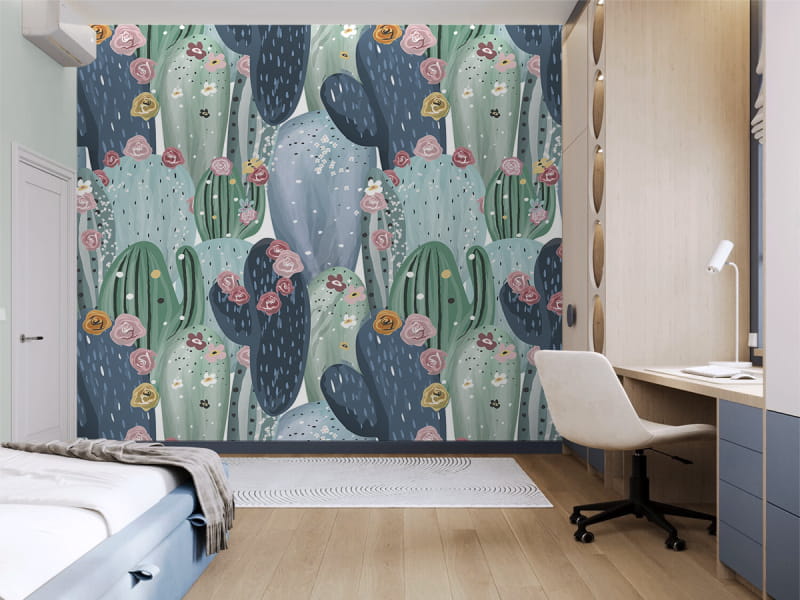 Fototapeta Kwitnące kaktusy we wnętrzu pokoju nastolatka