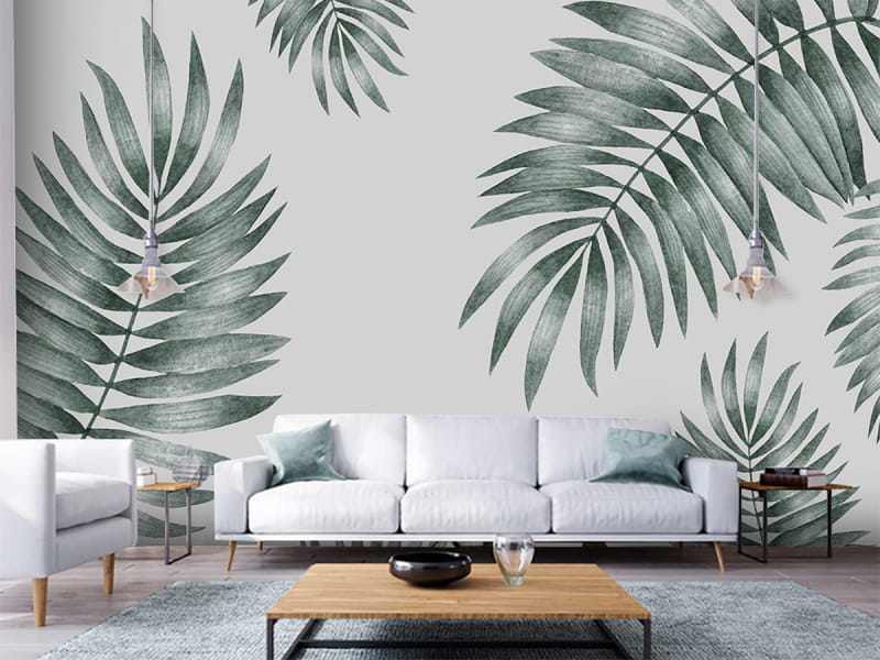 Fototapeta Pastelowe liście palmowe we wnętrzu salonu
