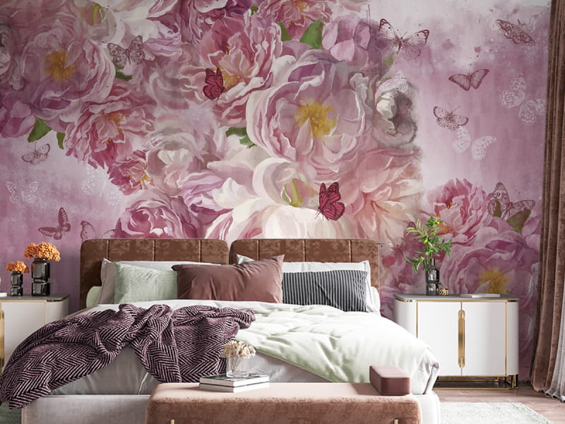 Fototapeta Różowa piwonia we wnętrzu sypialni