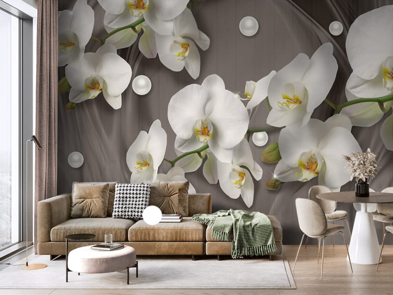 Fototapeta Białe orchidee 3D we wnętrzu salonu