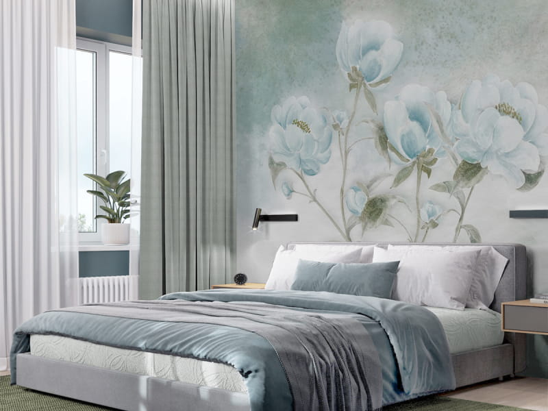 Fototapeta Piwonie lekkie we wnętrzu sypialni