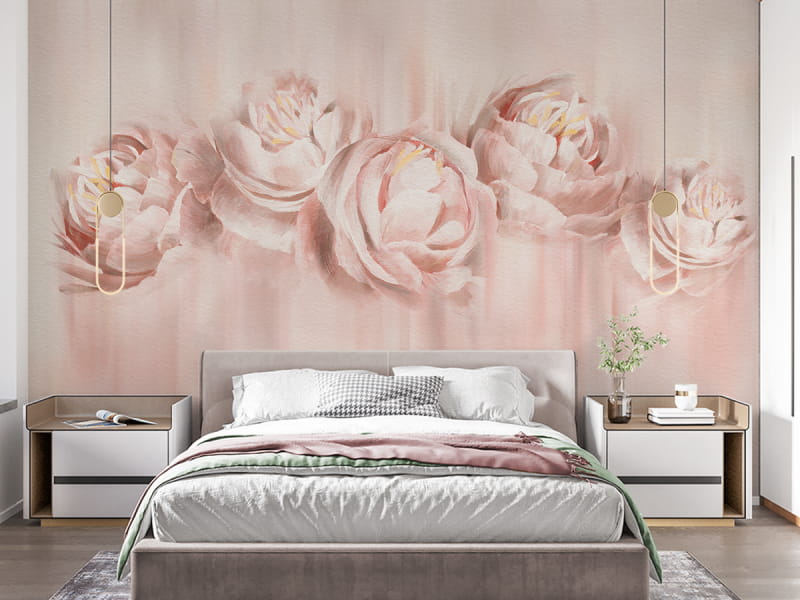 Fototapeta Beżowe piwonie we wnętrzu sypialni