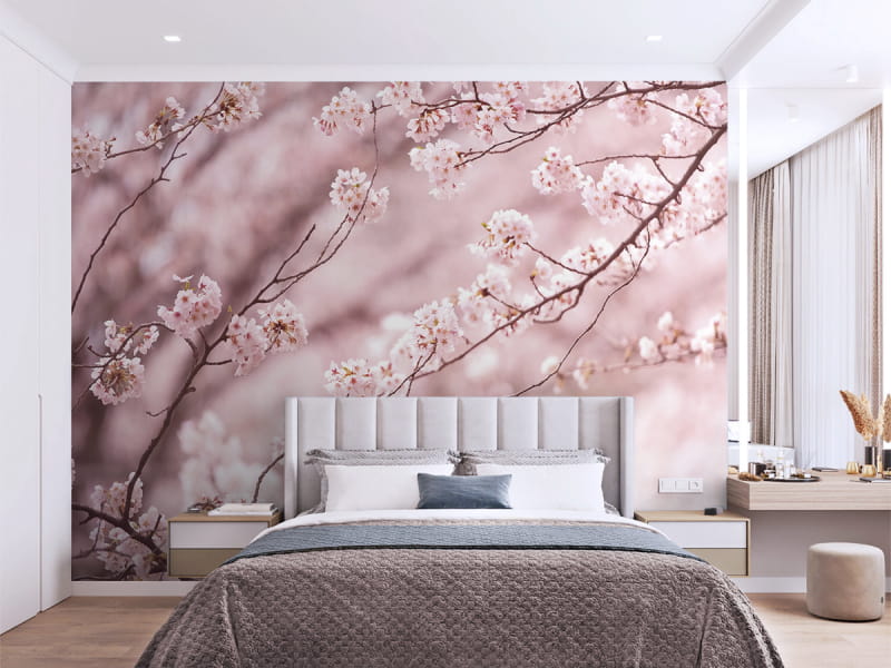 Fototapeta Sakura różowy we wnętrzu sypialni