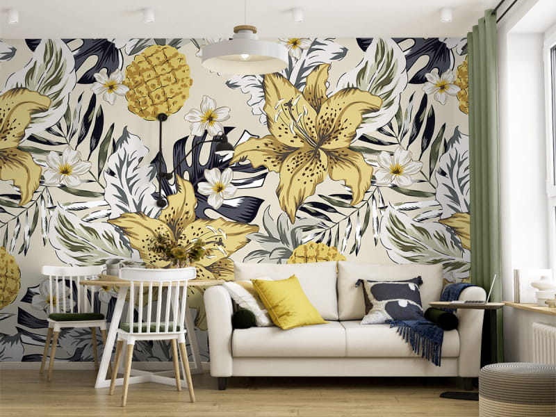 Fototapeta Żółte tropikalne kwiaty we wnętrzu salonu