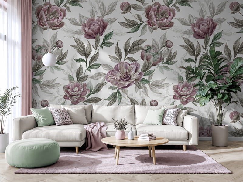 Fototapeta Piwonie, rysunek we wnętrzu salonu