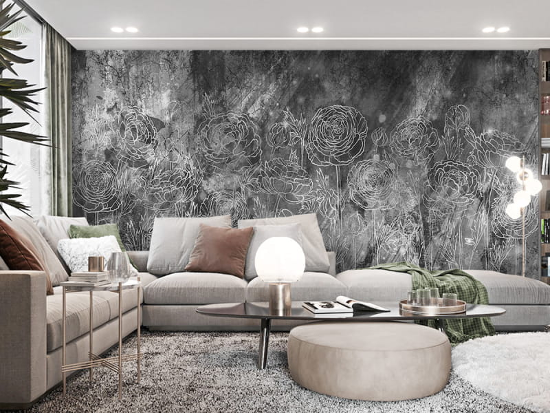 Fototapeta Duże róże, rysunek we wnętrzu salonu