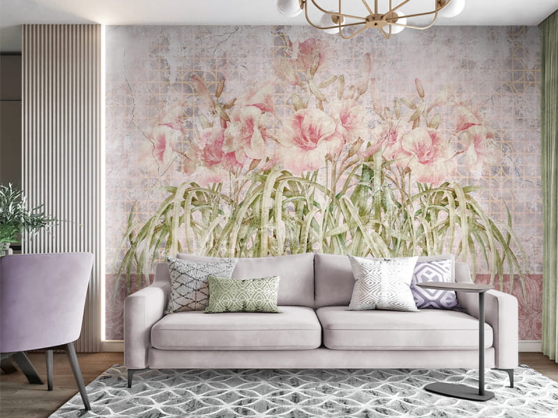 Fototapeta Delikatne różowe kwiaty we wnętrzu salonu