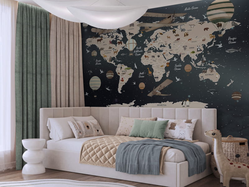Fototapeta Mapa świata zwierząt we wnętrzu pokoju dziecka