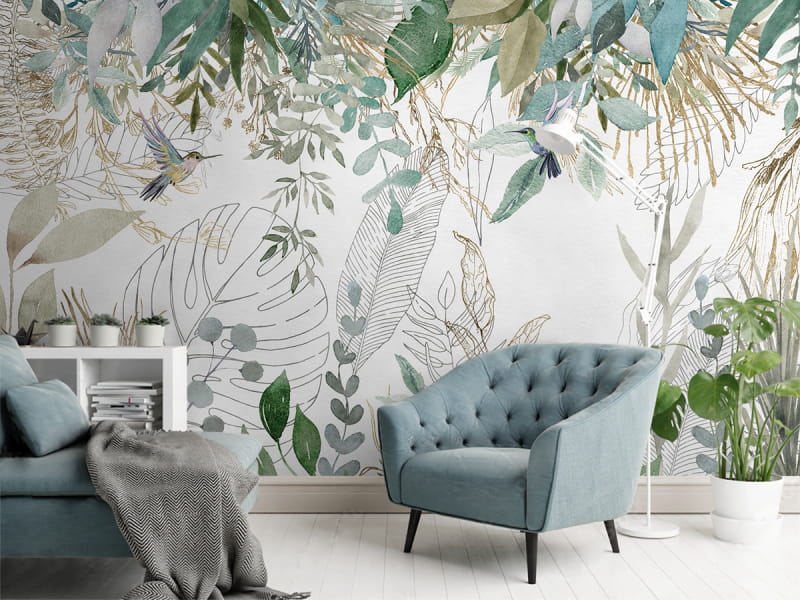 Fototapeta Wielkie zielone liście we wnętrzu salonu