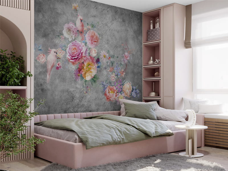 Fototapeta Piękne ptaki i kwiaty we wnętrzu pokoju nastolatka