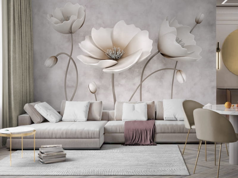 Fototapeta Białe maki 3D we wnętrzu salonu