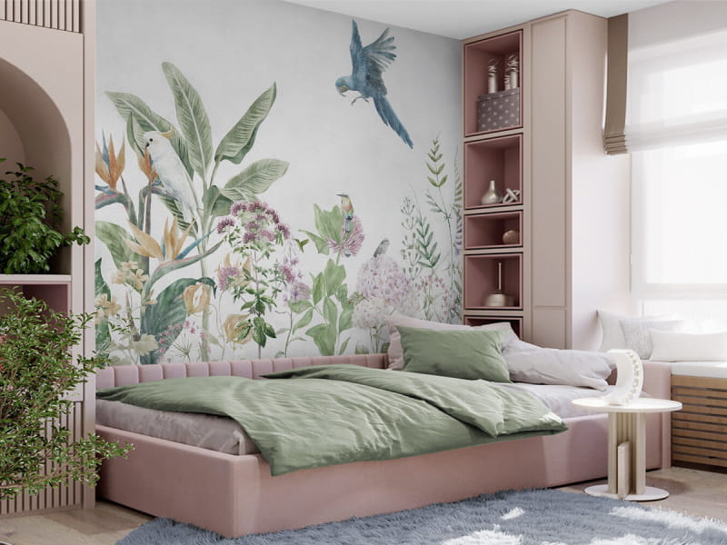 Fototapeta Świetny kwitnący ogród we wnętrzu pokoju nastolatka