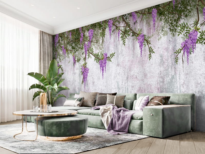 Fototapeta Kwitnąca glicynia we wnętrzu salonu