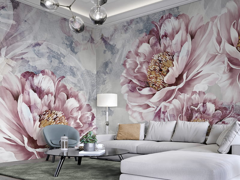 Fototapeta Piwonie delikatne we wnętrzu salonu