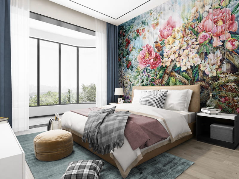 Fototapeta Piwonie, akwarela we wnętrzu sypialni