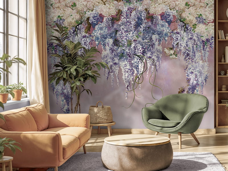 Fototapeta Piękne gałązki bzu we wnętrzu salonu