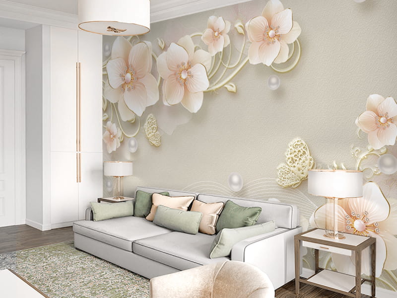 Fototapeta Kwiaty jaśminu 3D we wnętrzu salonu