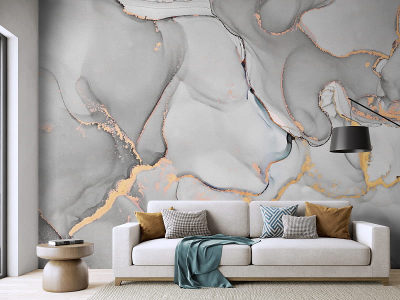 Fototapeta Szara i złota płynna sztuka we wnętrzu salonu