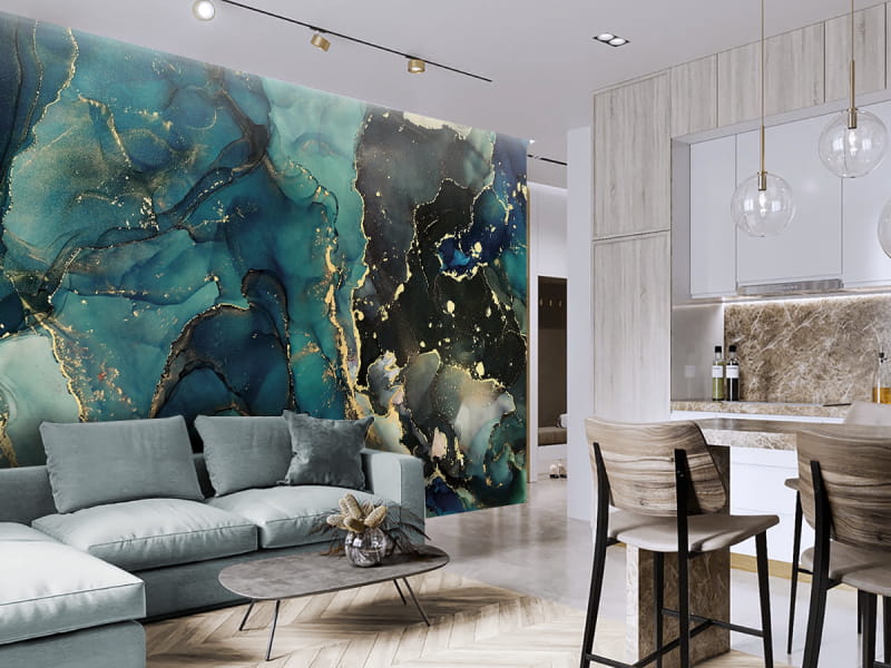 Fototapeta Niebieski płyn we wnętrzu salonu