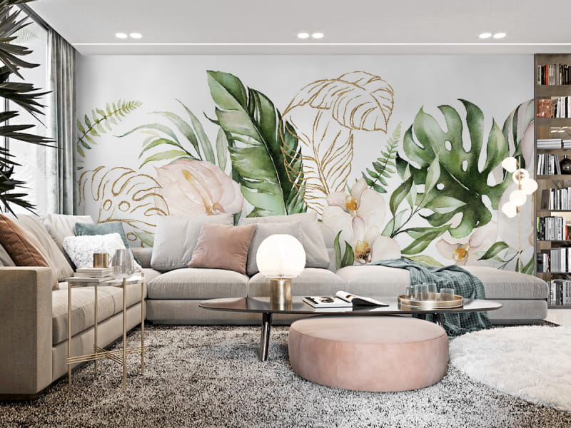 Fototapeta Zielone liście, akwarela we wnętrzu salonu